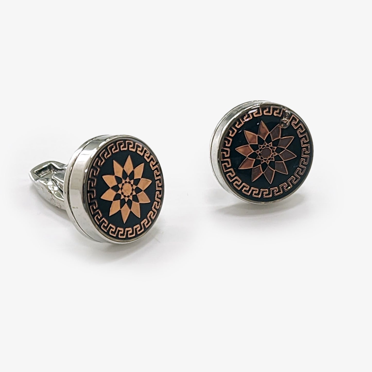 Black & Gold Patterend Round Cufflinks
