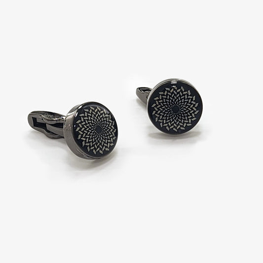 Boutons de manchette ronds noirs avec motif argenté