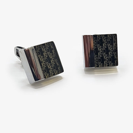 Boutons de manchette carrés noirs avec motif argenté