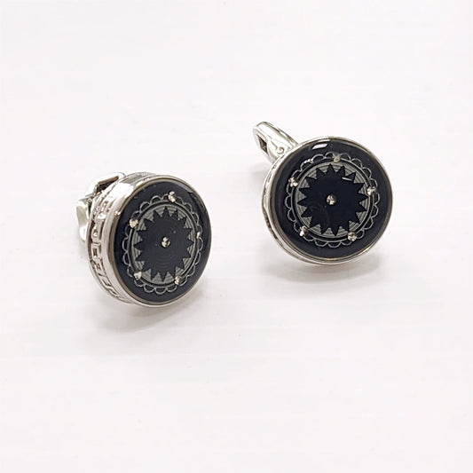 Boutons de manchette ronds noirs avec motif argenté