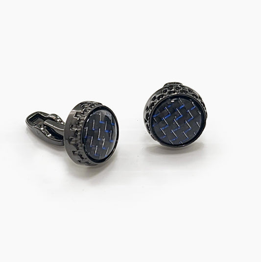 Boutons de manchette ronds noirs avec motif bleu